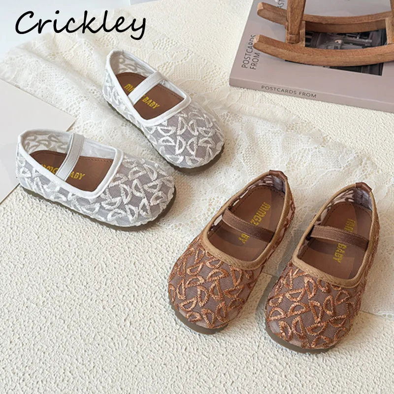 Spring Summer Mesh Girls Flats Shoes Embroider Breathable Children Princess Shoes Elastic Band Anti Slip Kids Ballet Flats