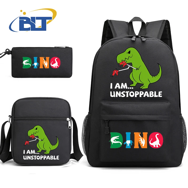 Dinossauro Imprimir Student School Bag Set, Juventude Mochila Preta, Bolsa de Ombro, Lápis, Presente Kids Back to School, 3 Pcs