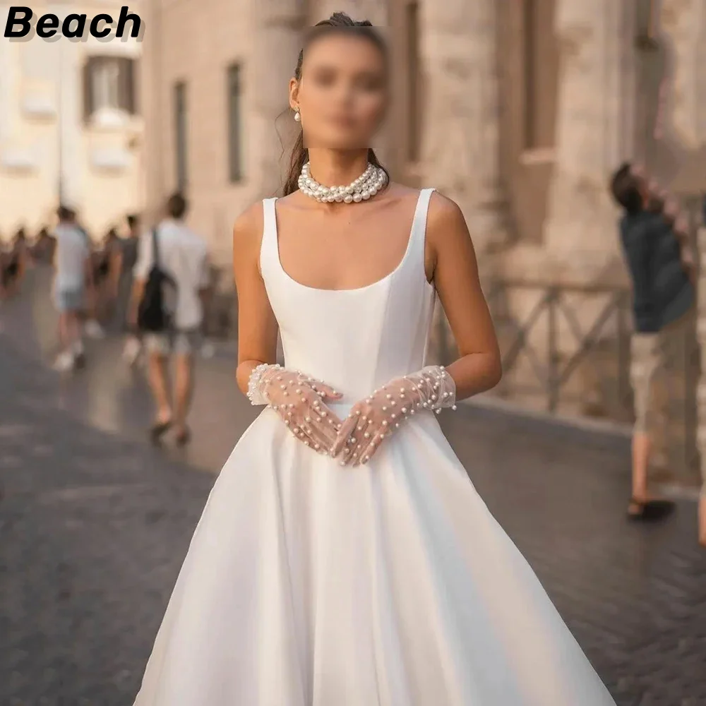 

Beach Elegant White Satin Wedding Dresses Square Collar Sleeveless Princess Bridal Gowns A-Line Wedding Prom Gown Robes De Marié