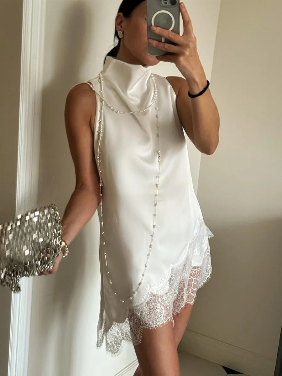 Bornladies 2026 Summer Women's Satin High Neck Vest Irregular Silhouette Delicate Lace Tanks Trim Sleeveless Top image 6
