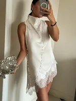 Bornladies 2026 Summer Women's Satin High Neck Vest Irregular Silhouette Delicate Lace Tanks Trim Sleeveless Top - Image 6