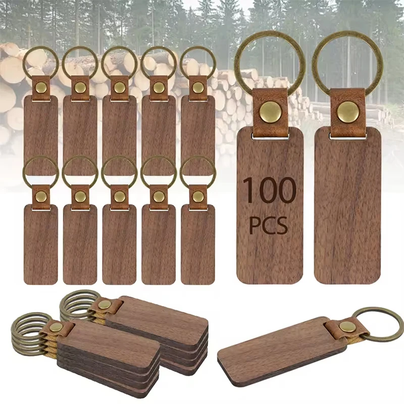 100Pcs Blank Wood Key Chain Blanks, Natural Wooden Rectangle Key Tags with Leather Antique Key Rings for Gift Making