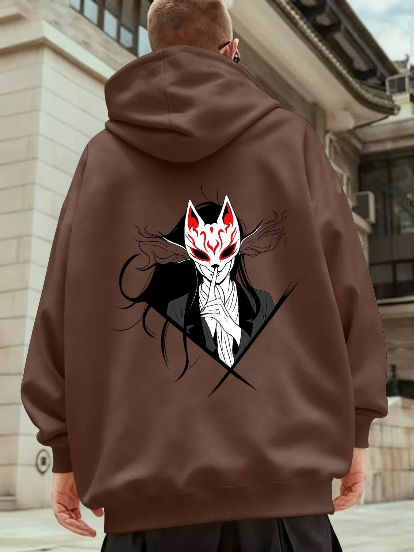 Japanese Fox Mask Samurai Style Character Graphic Hoodie Men Women Vintage Streetwear Pullover Hooded Sweatshirt Loose Fit