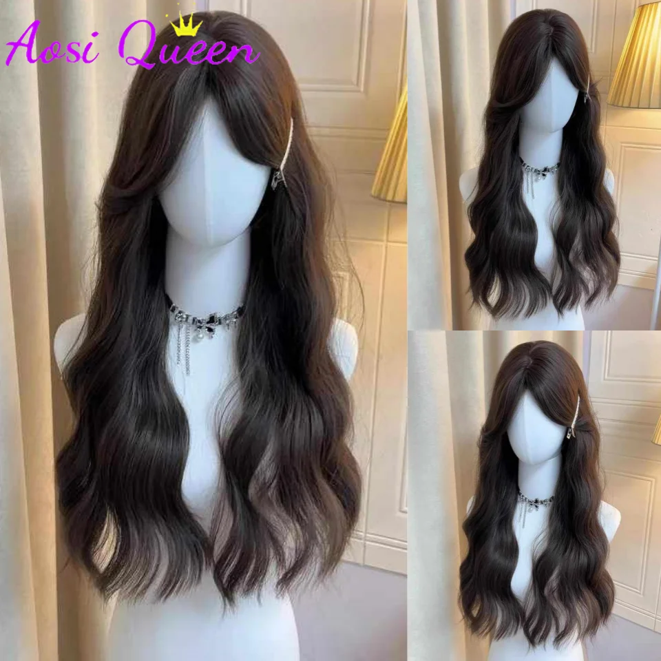 

Brown Black Wig Female Long Wavy Rose Hair Net Models in Middle-parted Bangs High Quality Simulation Hair Synthetic Wig