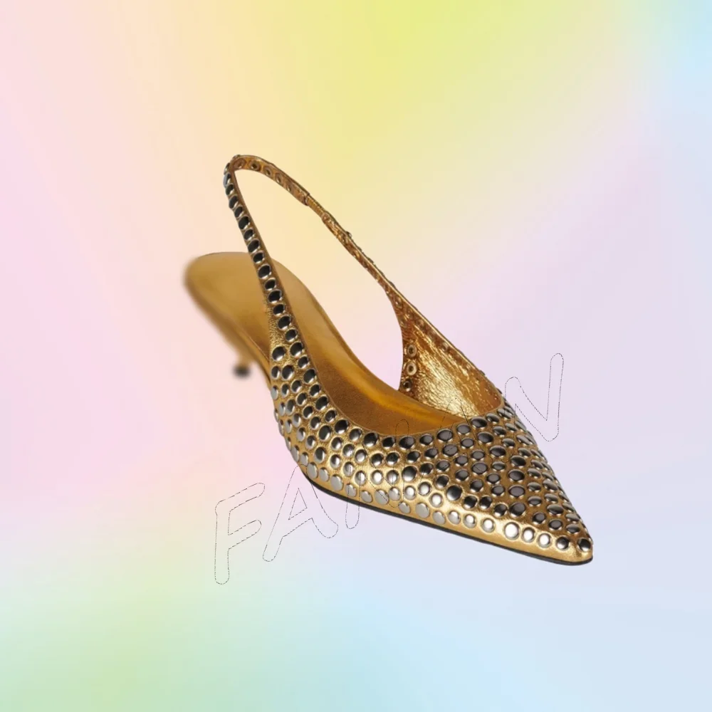 

Gold Rivet Decor Pumps Back Strap Solid Pointed Toe Thin Heels Shallow Shoes High Heel Shoes for Women 2025 Zapatos Para Mujere