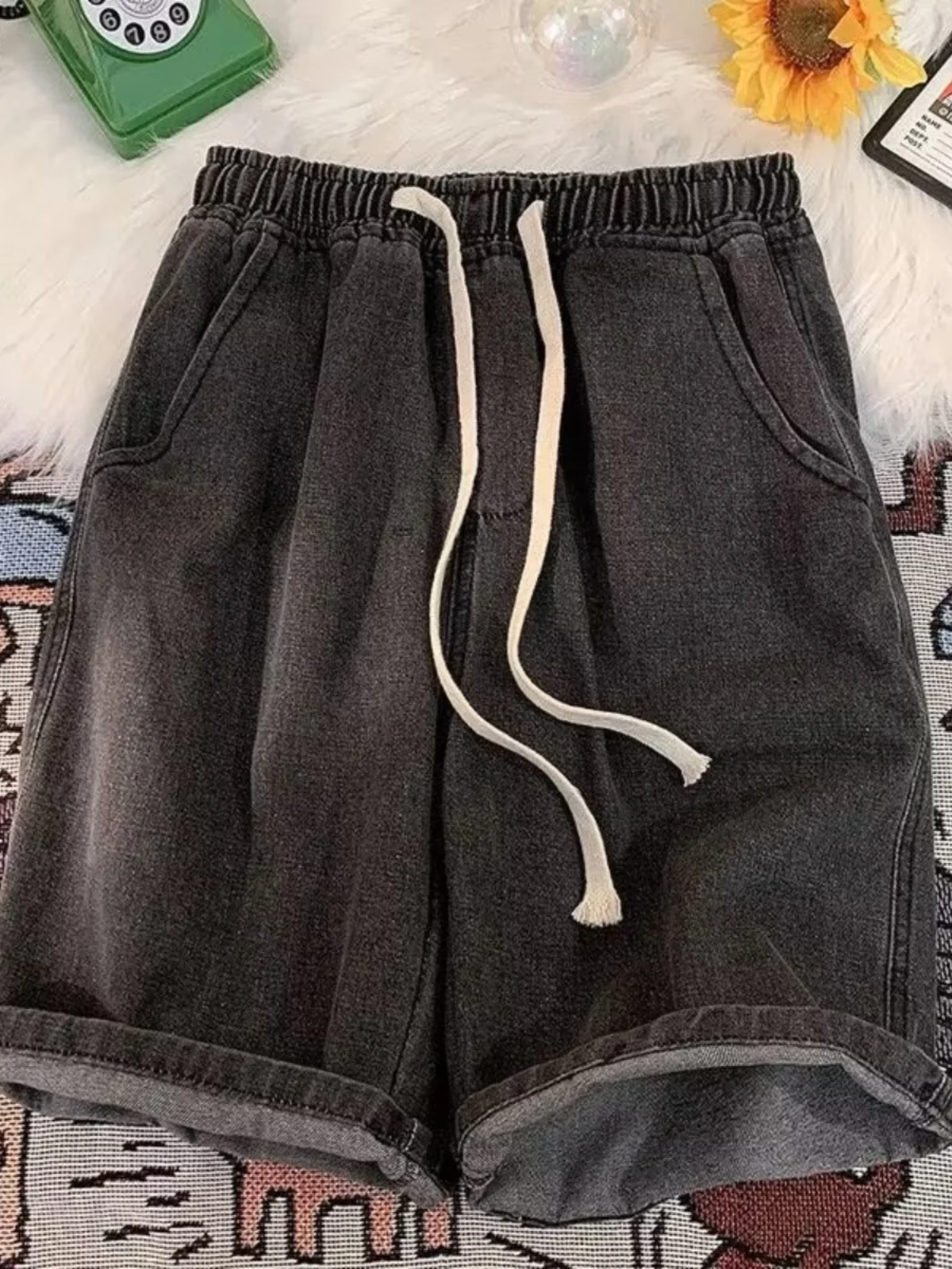 Summer High Waist Elastic Waist Denim orts Women's Loose Wide Leg Thin Five-Point Pants Straight Cut Slimming Effect