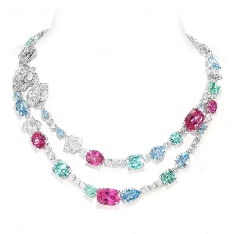 BELLUX Colored Pink Green Sapphire Luxury Necklace 925 Silver Synthetic Zircon Flower Double Layer Monet's Garden Necklace