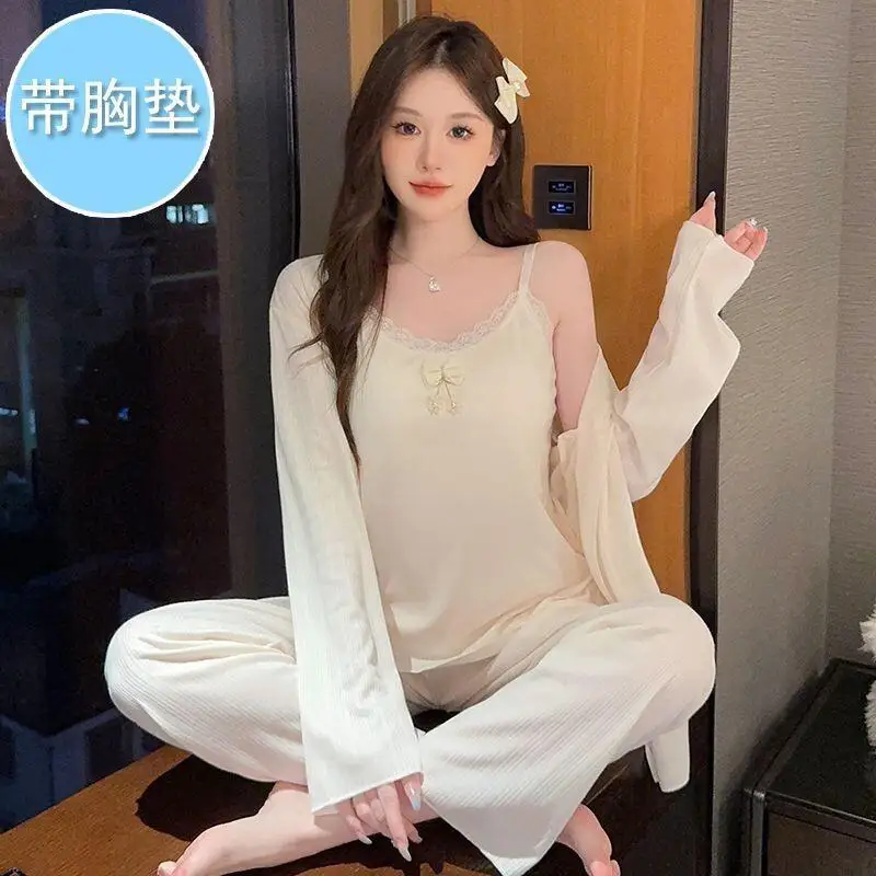 

Весенне-летний женский комплект для сна: милый топ на бретельках с подкладкой, длинные рукава, длинные брюки, три предмета, большие размеры, домашняя одежда