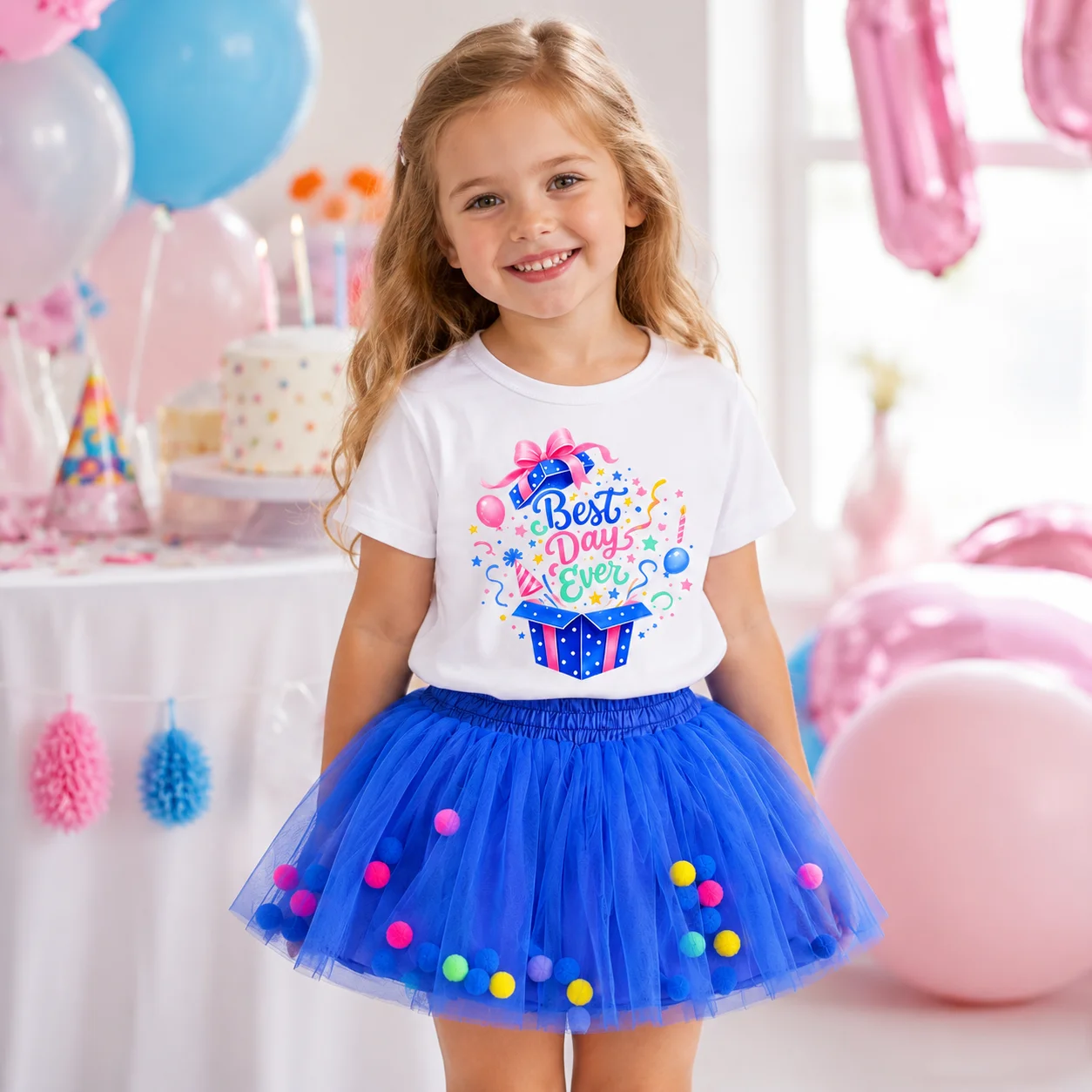 Girls Birthday 2 Piece Outfit Best Days Ever Gift Box Print White T Shirt Blue Pom Pom Tutu Skirt Set Kids Summer Party Costume