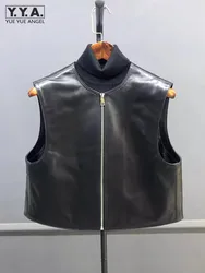 Streetwear Women Short Style Casual Waistcoat Sleeveless Jacket Zipper O Neck Autumn Soft Sheepskin Genuine Leather Vest Tops