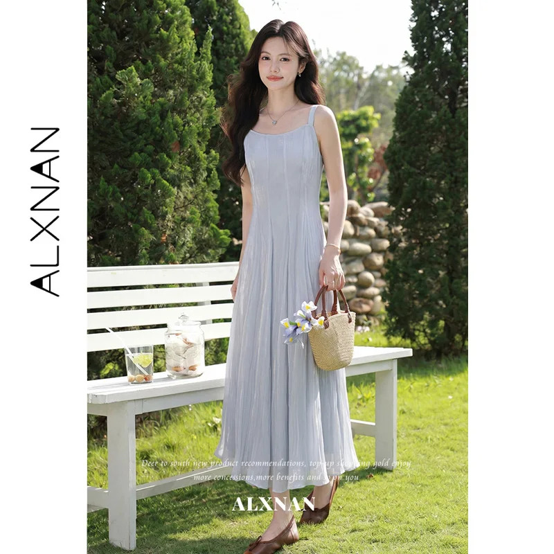 ALXNAN Sleeveless Blue Slip Dress Vertical Pleats A-line Women's Dresses Elegant Casual Slim-fit Female Clothing DYL662882