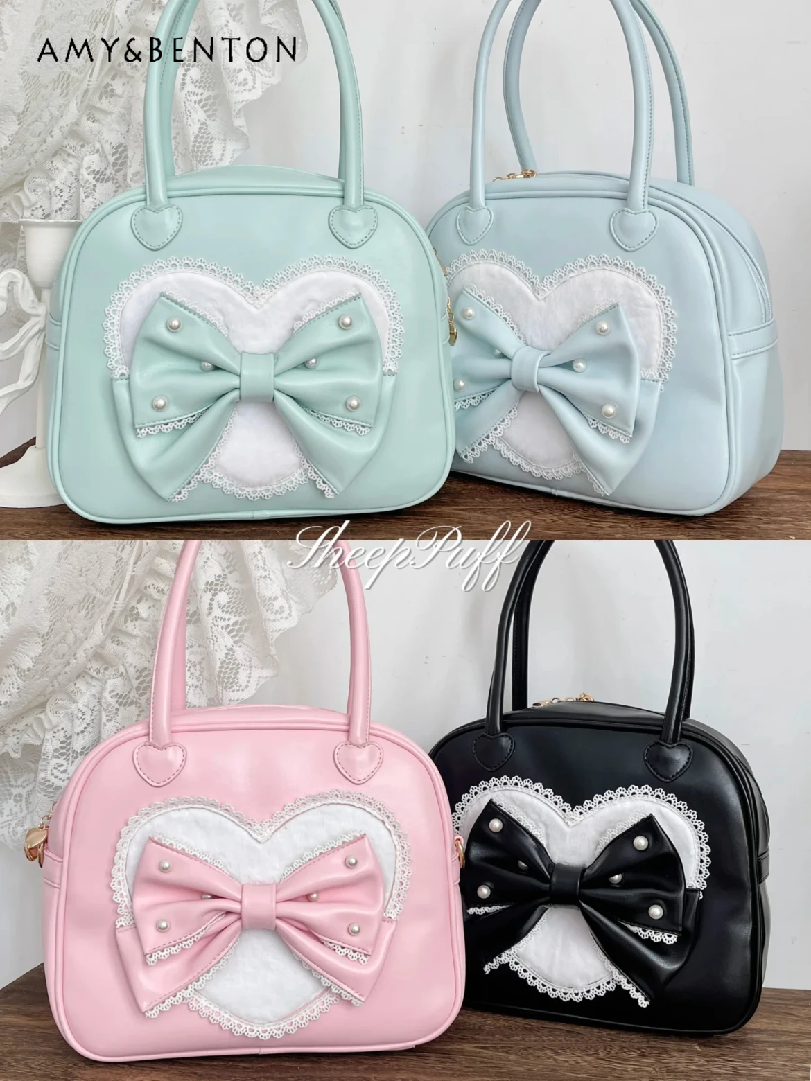 Lollita Handbag Women Original Design Cute Bow Lace Sweet Girl Patchwork Color Single Shoulder Bag Elegant Princess PU Handbag