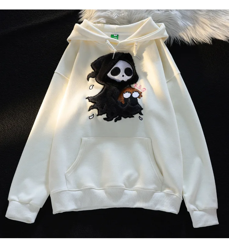 

American three-dimensional plush hooded sweater women's autumn and winter loose embroidery little ghost demon flocking coat