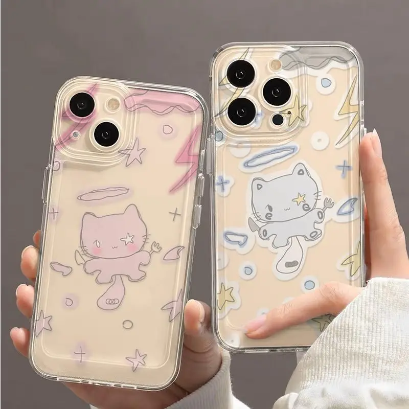 Linda funda de teléfono rosa para iPhone, carcasa transparente, Ángel, gatito, 16, 15, 14, 13, 12, 11, Mini Pro Max, X, XR, XSMax, 6S, 6, 7, 8 Plus, SE20