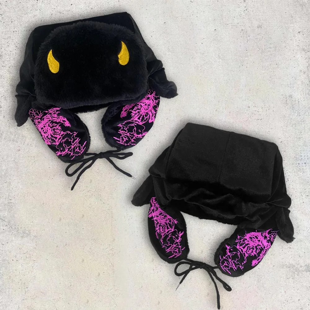 

Ear Flap Trapper Hat Women Black Plush Cat Eye & Pink Skeleton Print Detail Y2K Aesthetic Streetwear 2026
