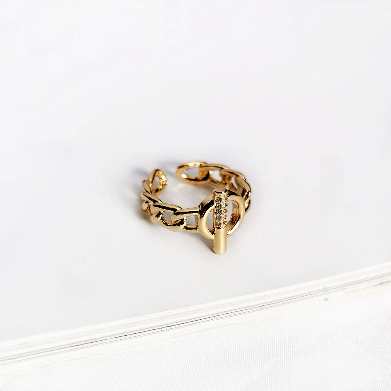 Peri\'sBox 2 Designs OT Clasp Gold Color Rings Curb Link CZ Stone Geometric Rings for Women Minimalist Chain Open Ring Adjustable