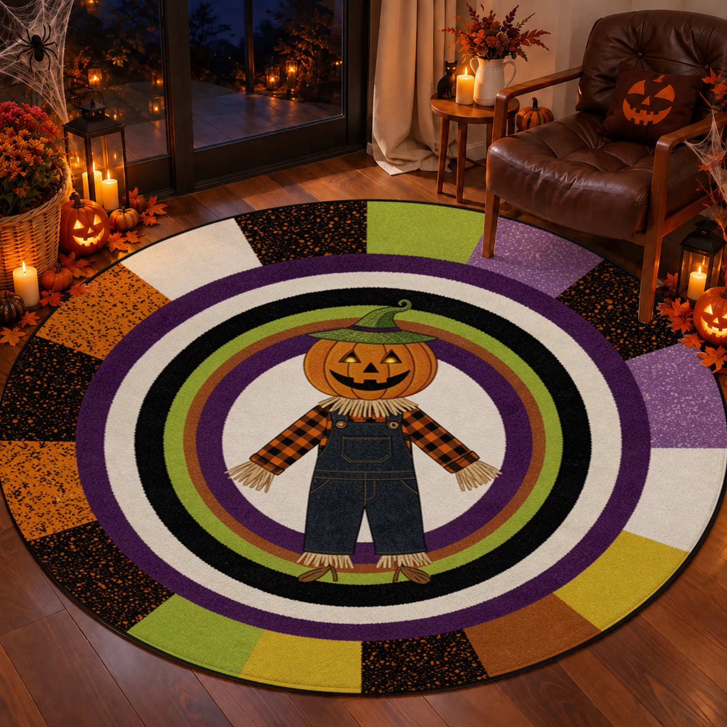 Pumpkin Scarecrow Pattern Round Velvet Area Rug, Machine Washable Soft Floor Rug for Living Room, Entryway, Dining Room, Bedroom, Perfect for Halloween, Thanksgiving, Christmas, New Year, Black Friday, Cyber Monday Holiday Home Decor
