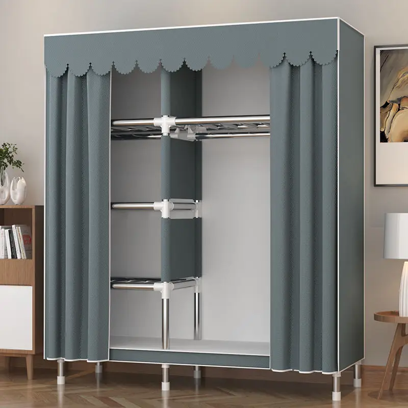 Garde-robe simple en tissu pour chambre à coucher, armoire d'assemblage, tuyau en acier, support de rangement renforcé épaissi, salle de location, ménage