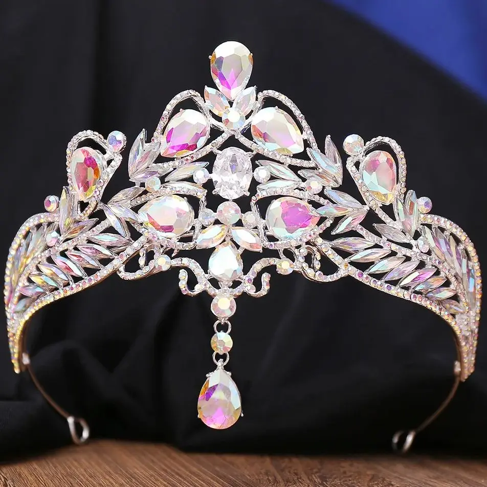 DIEZI Korean Elegant Luxury Bridal Opal AB Crystal Pendant Tiara For Women Girls Wedding Party Crown Hair Accessories Headpiece