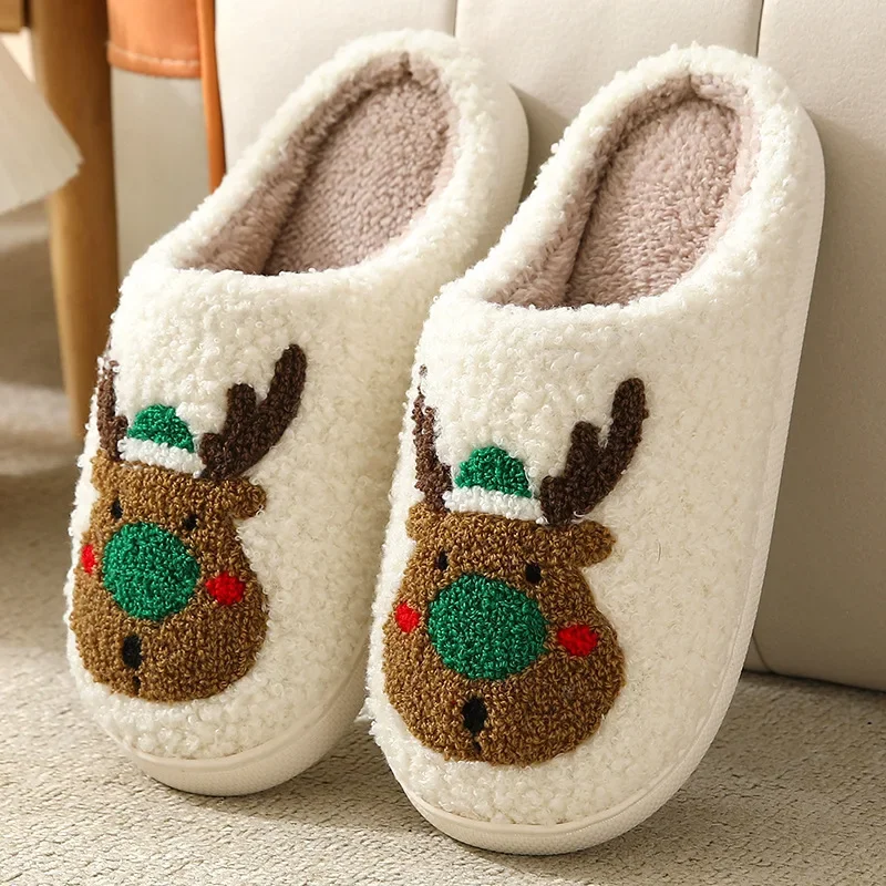 Zapatillas de casa de ciervo navideño para hombres y mujeres, pantuflas cómodas sin cordones, pantuflas cálidas de felpa, pantuflas mullidas peludas para parejas, Invierno