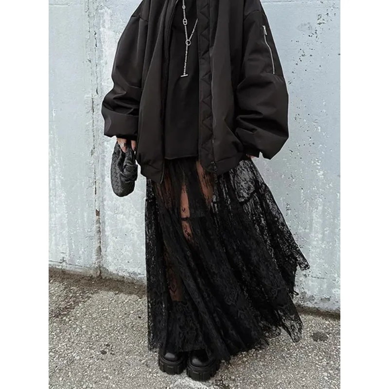

Sexy High Waist Flare Maxi Skirt Y2K Black Lace Long Skirt for Women 2025 Spring Summer Solid Beach Party Evening Elegant