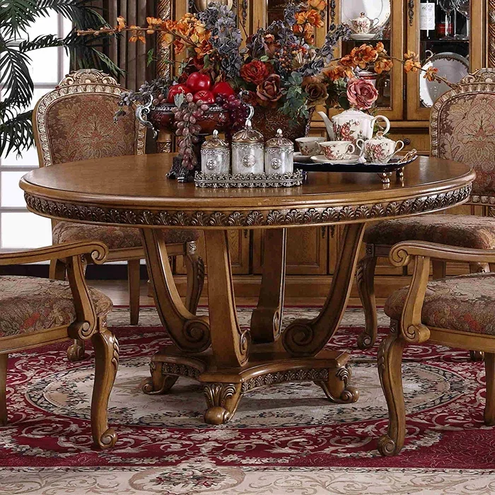 Custom solid wood dining table and chair combination American country European carved  round