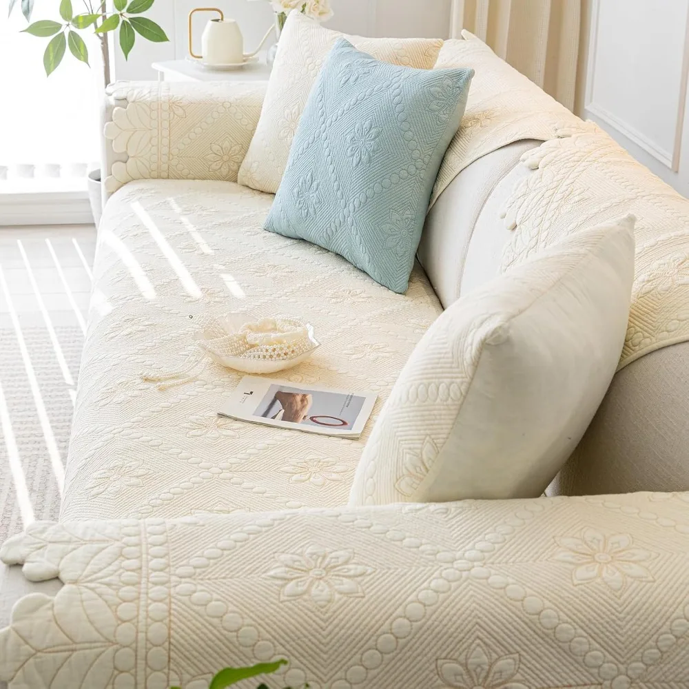 100% Cotton Quilted Floral Embroidered Sofa Cover - Non-Slip, Soft, Washable Couch Slipcover for Furniture Protection