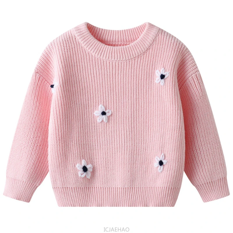 

2025 Children Costumes Japanese Korean Kids Knit Sweater Holiday Thermal Top Solid Color Clothes Hand Embroidered Floral Baby