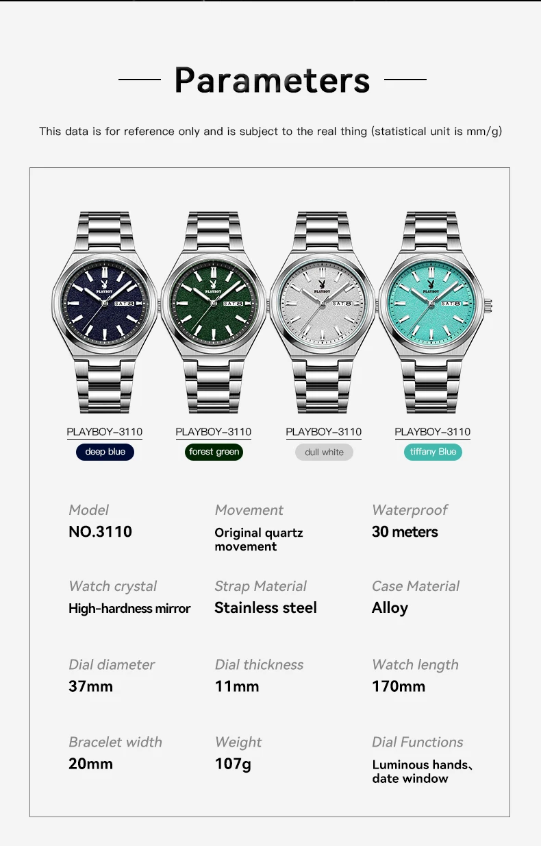 PLAYBOY 3110 Herrenuhr Marke Original Exklusive Mode Einfache Doppelkalender Leuchtende Wasserdichte Quarz-Armbanduhren für Männer – Detail 10