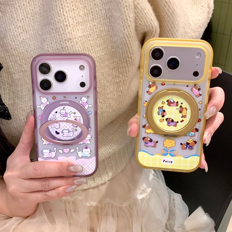 

Kawaii Cartoon Cat Dog Animal Phone Case For iPhone 17 Pro 15 16 Pro Max Cover with Holder Cute Protective Cases For Apple 15 Pr