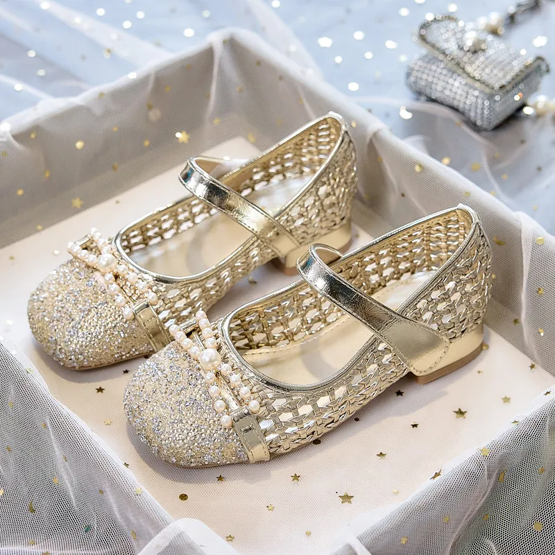 Girls' Performance Crystal Leather Shoes 2026 Spring and Autumn New Children's Dress Princess Hollow Shoes