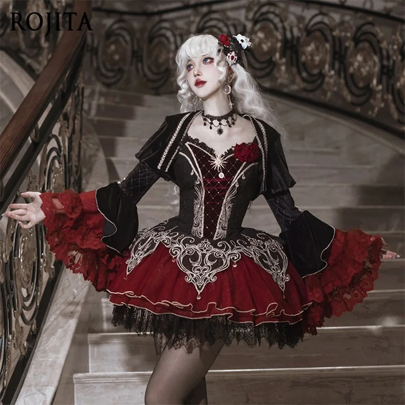

Dark Gothic Lolita Dress Set Women Outfits Spring Autumn Lace Patchwork Bell Sleeve Velvet Top High Waist Mini Dress 2025 New