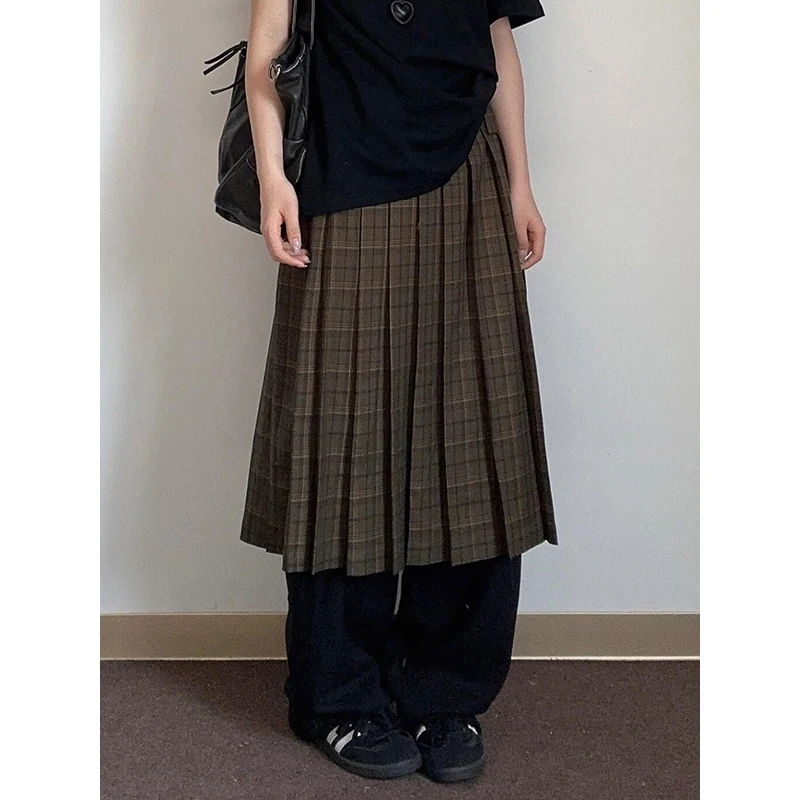 

Женская драпированная зеленая клетчатая юбка PBAP, винтажная свободная трапециевидная юбка в клетку с высокой талией, Повседневная летняя уличная одежда