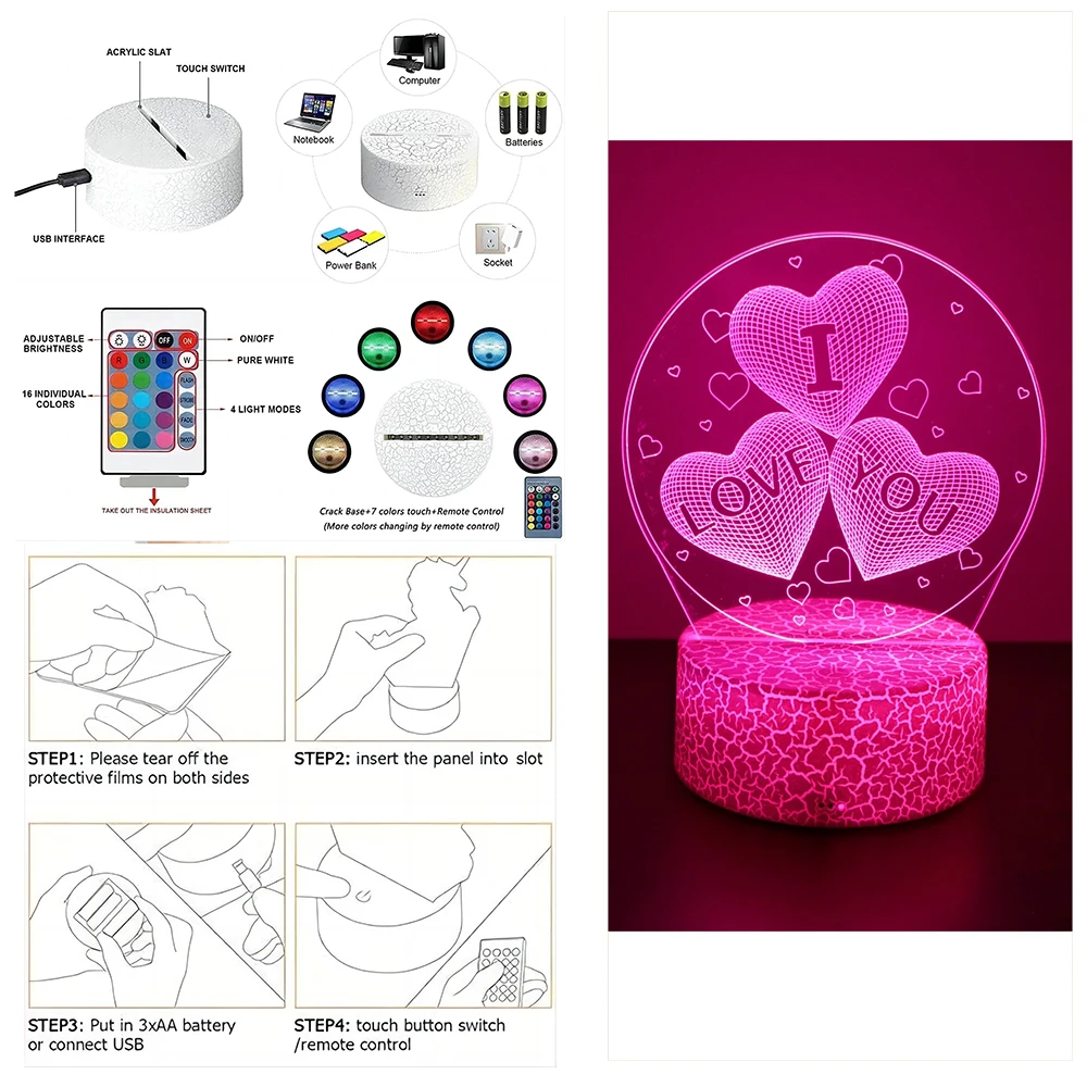 3D Lamp LED Night Light illusion I Love You Gadget Heart Bedroom Desk Lamps Home Decor Romantic Night Love Valentine\'s Day Gifts