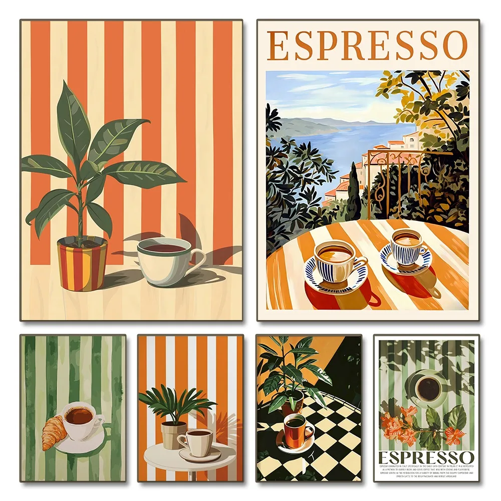 Impresión de café Retro sin marco, rayas cálidas, póster de cocina para alimentos y bebidas, arte de restaurante, regalo para amantes del café, minimalista, 1 ud.