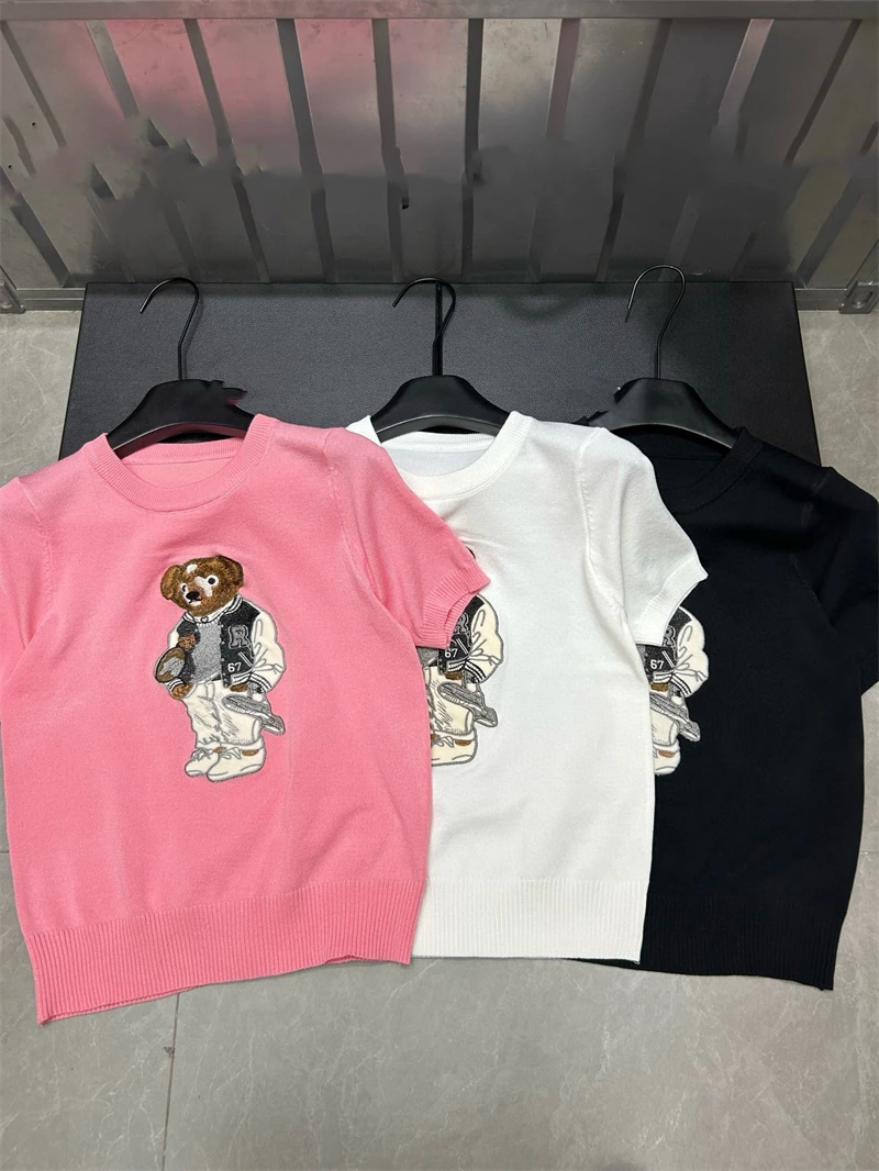 

2025 Summer Women's Knitted Sweater Korean Fashion Design Cartoon Bear Embroidery Round Neck Short Sleeve Casual Pullover Jumper