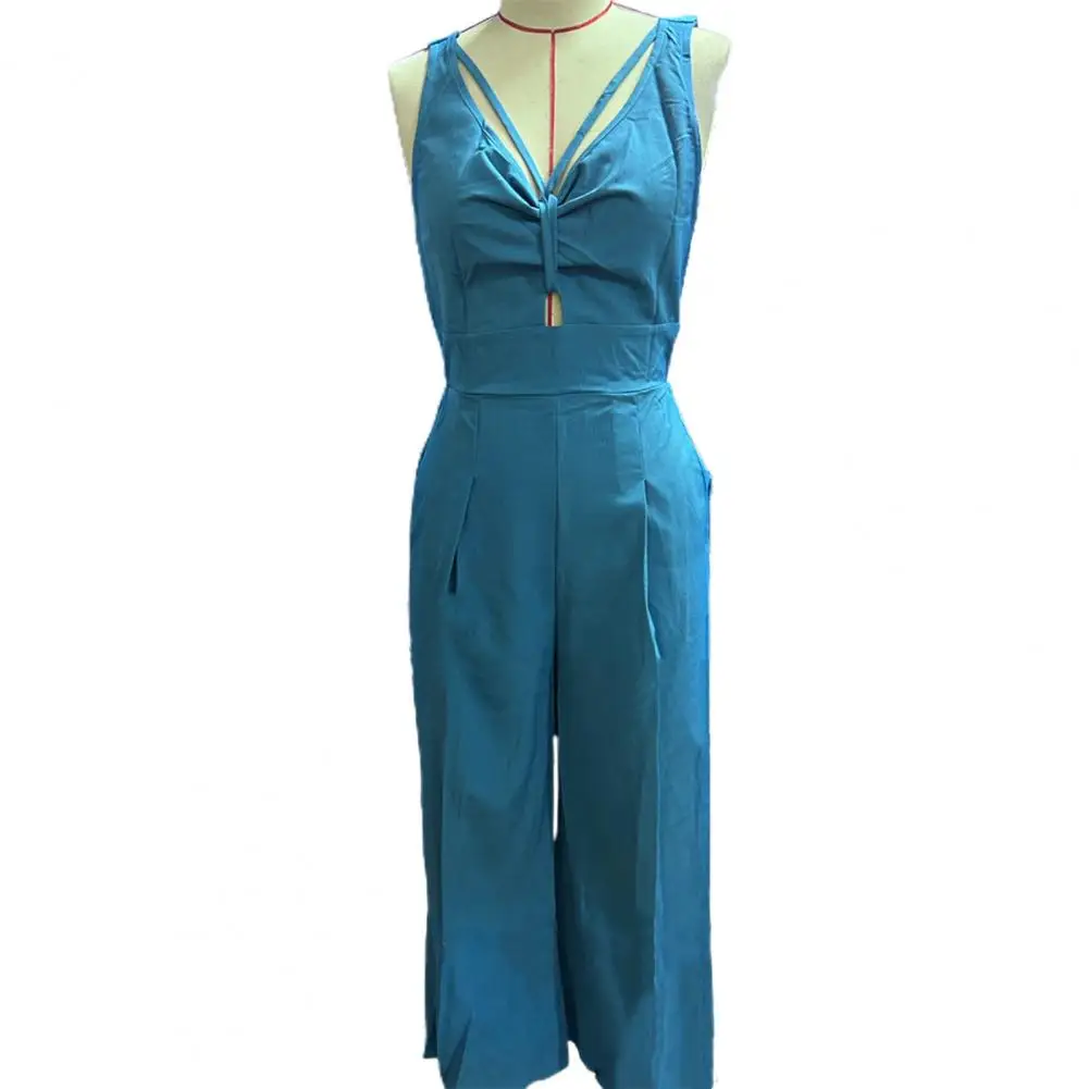 

V-neck Jumpsuit Stylish Women's Summer Jumpsuit Chic Deep V Neck Wide Leg Design Soft Breathable Fabric for Any Occasion Ladies