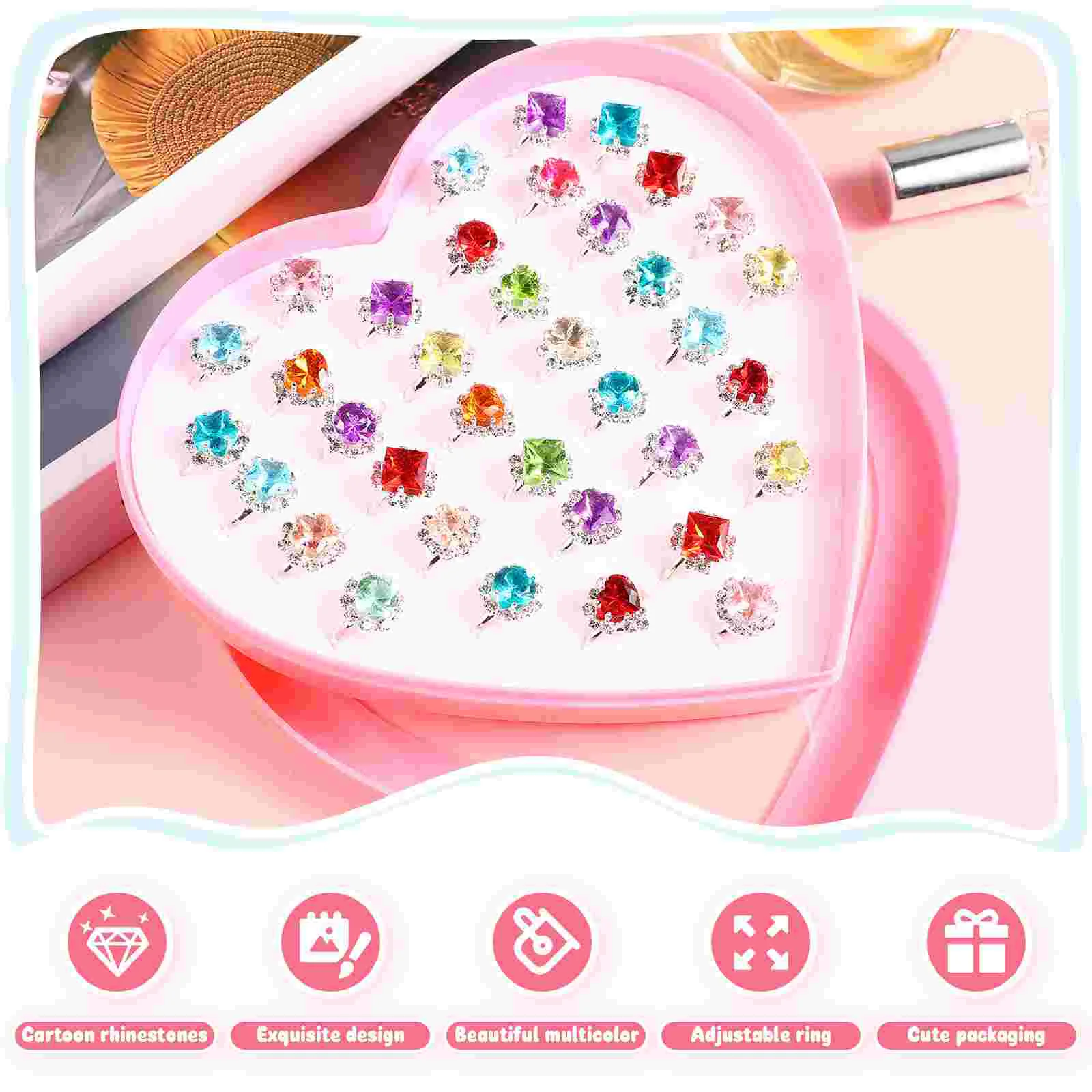 36 Pcs Rhinestones Kids Ring Set Child Rings Little Girls Jewelry Pretend Play Children