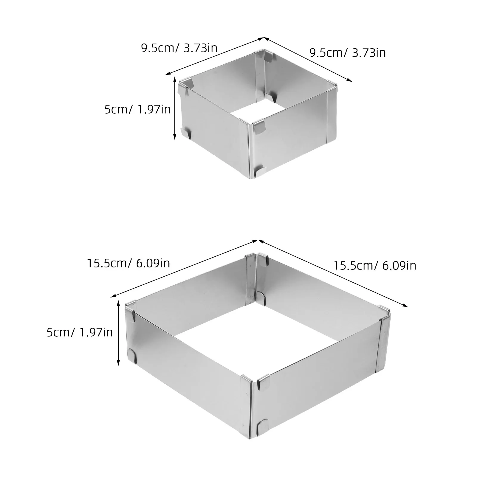2Pcs Stainless Steel Adjustable Square Cake Rings 3.74 and 6In Extendable Mousse Cake Mold Pastry Baking Tool for Kitchen DIY