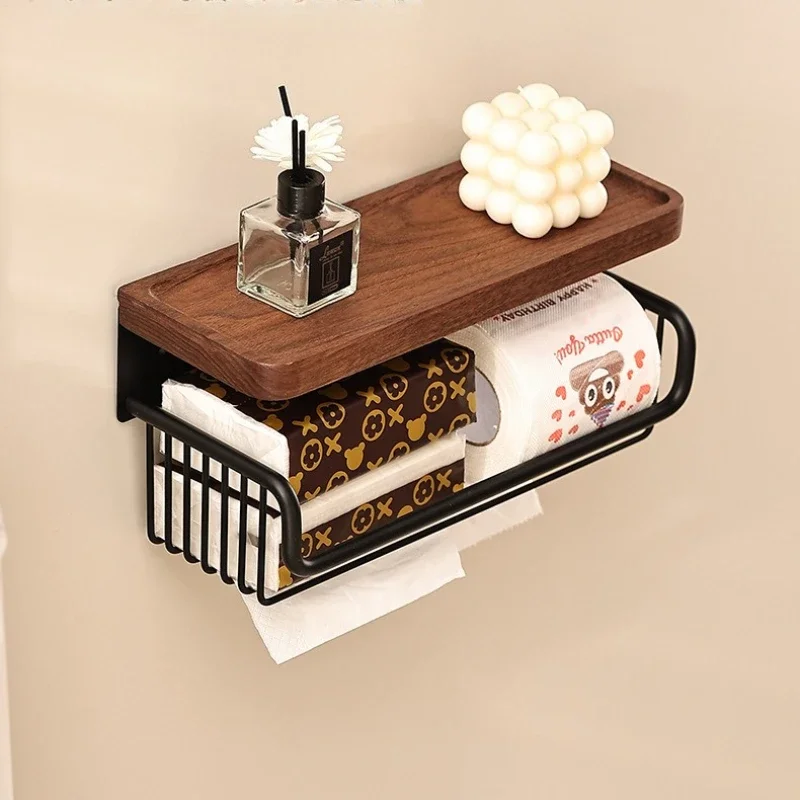 

Walnut paper towel holder bathroom washcloth shelf wall-mounted rolled paper storage box mesh basket