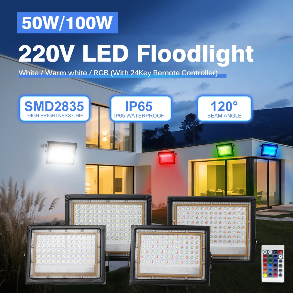 50W/100W LED Outdoor Floodlight With White Light/Warm Light/RGB With Switch EU Plug 220V