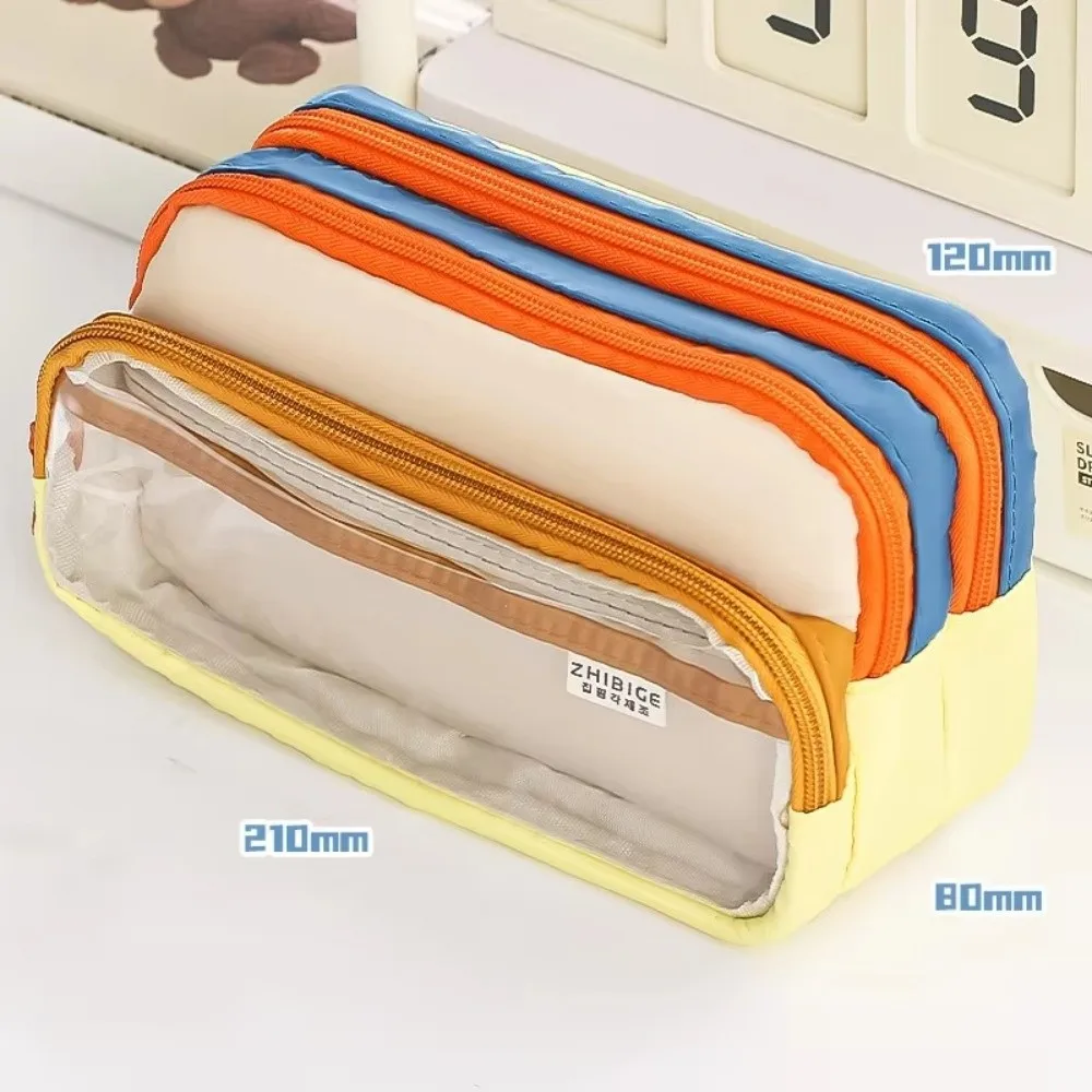 New Color-Block Pen Bag Multi-Compartment Transparent Pocket Pencil Case Large Capacity with Zipper Multi-layer Pen Pouch School