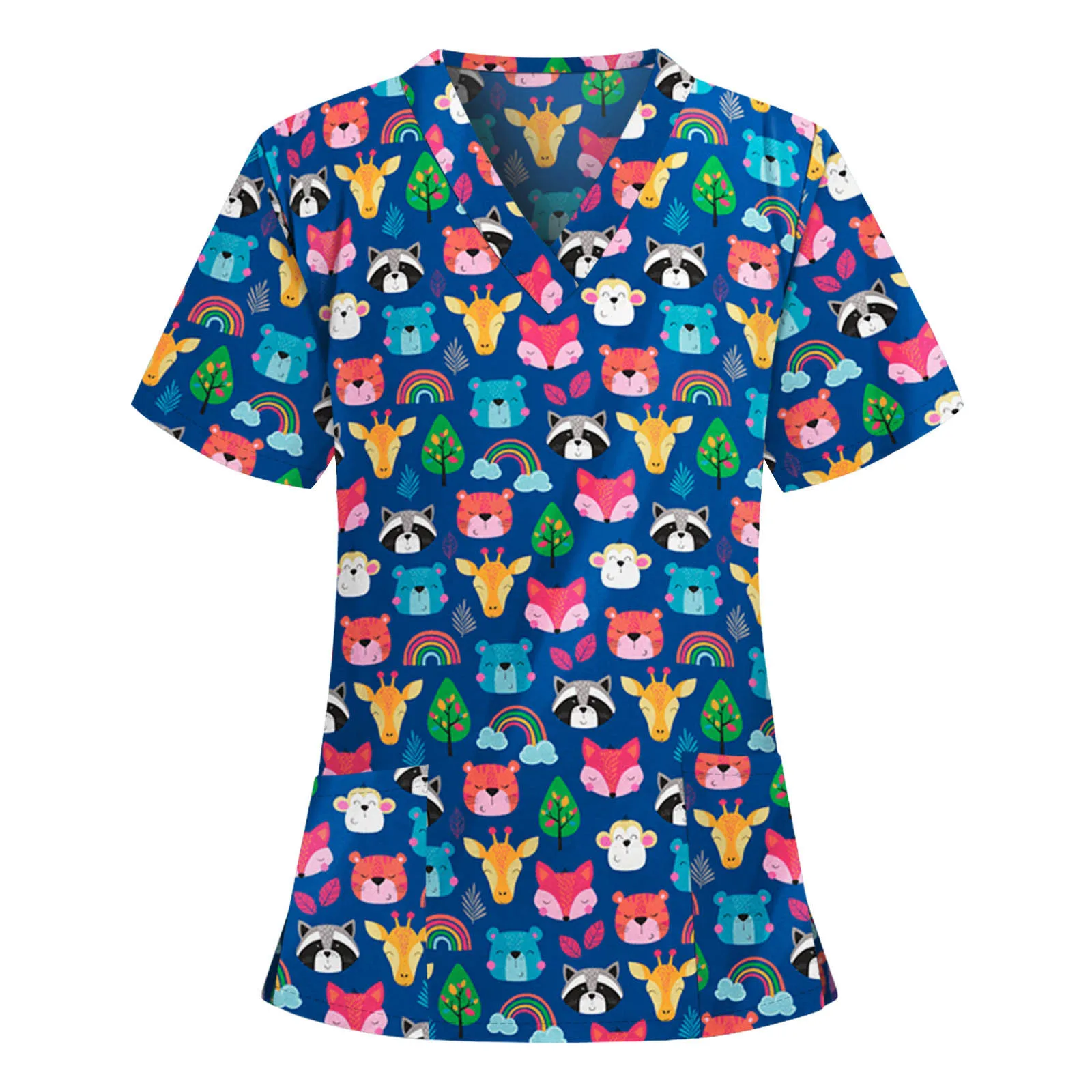 2025 European and American women's nursing uniform casual and comfortable V-neck short sleeved cartoon cat 3D printing