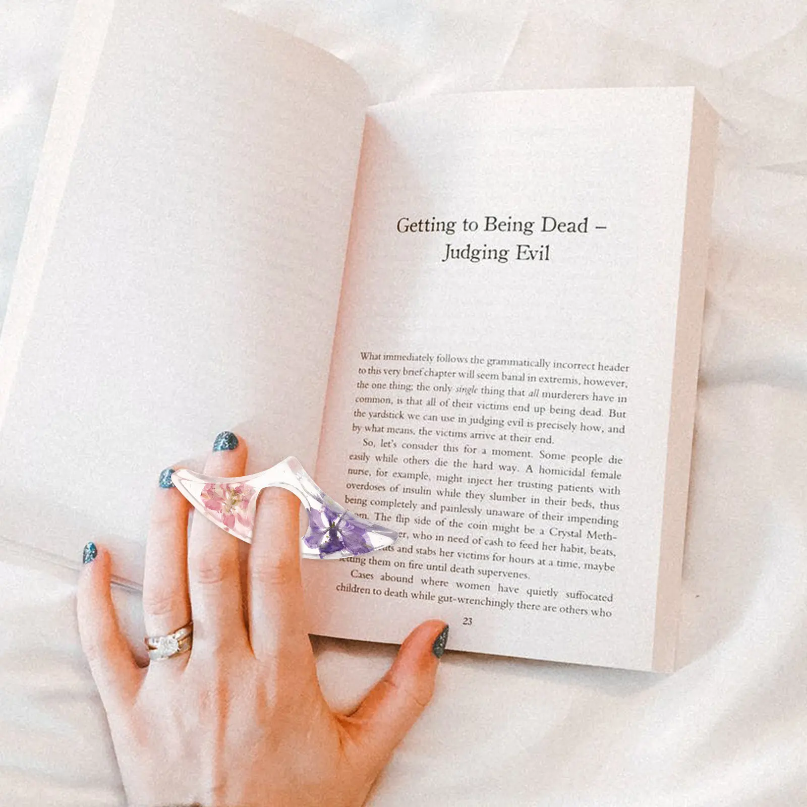 Artisan Resin Flower Thumb Bookmark Functional Finger Hole Book Page Holder for Reading Avid Readers Educators Book Lovers