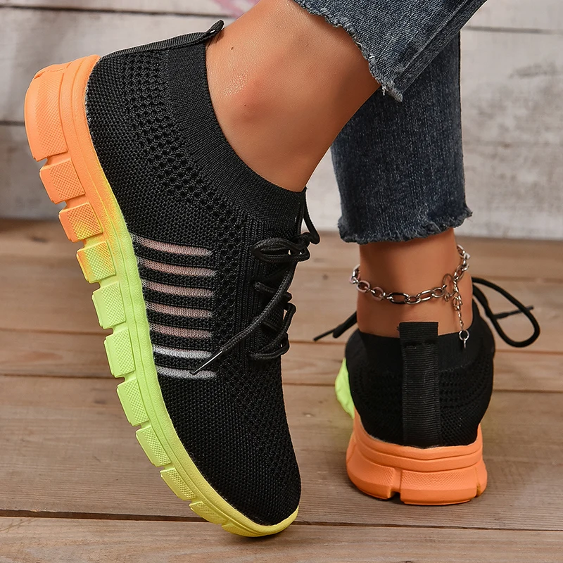 Mesh Breathable Casual Sneakers Women Mix Color Soft Sole Non-Slip Tennis Shoes Woman 2024 Spring Lightweight Knitted Flat Shoes