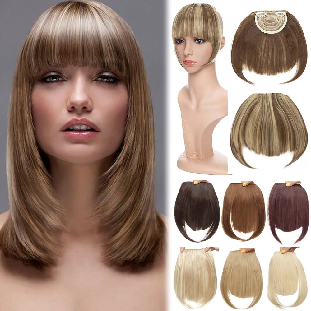 

Blonde Mixed Brown Color Real Thick Hair Clip-in Hair Bangs Full Fringe Short Straight Hair Extension French Bang Fake Hairpiece