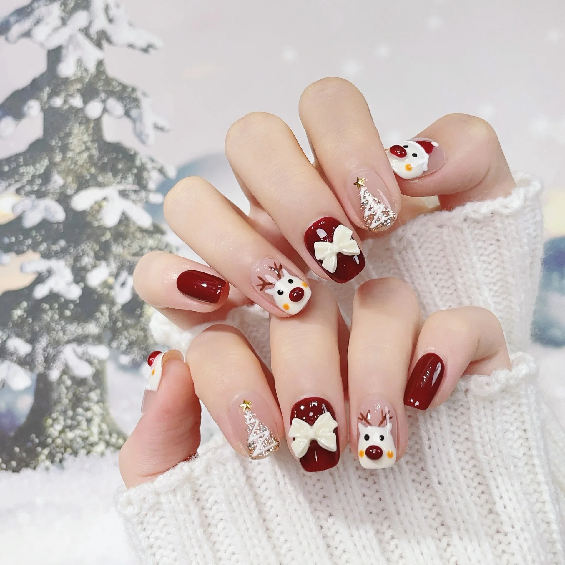 

10pcs Festive Press-On Nails Set - Handcrafted Christmas Reindeer & Tree Design with Glitter Accents and 3D Bow Nails for Women
