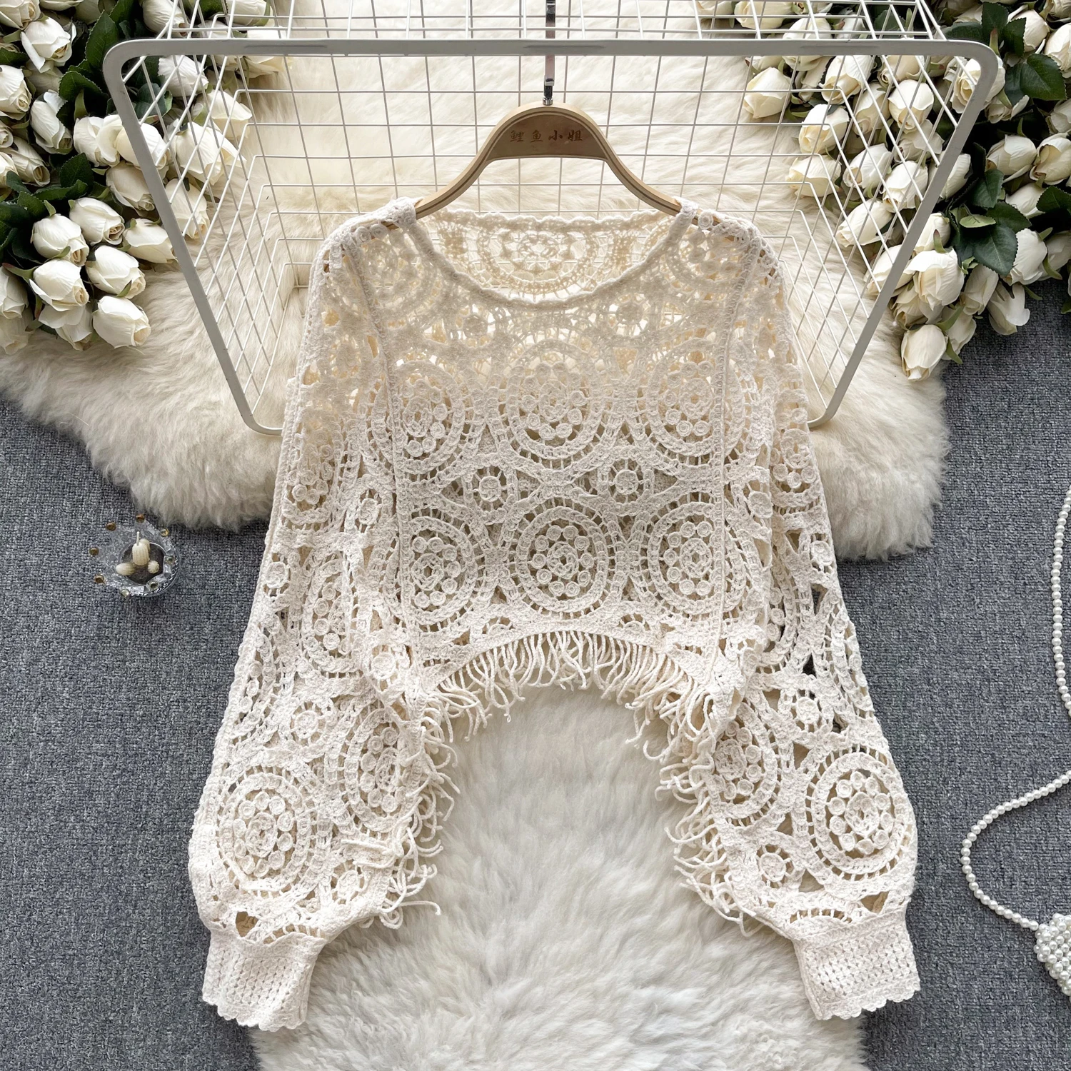 Chic Floral Crochet Vintage Hollow Tassel Capes Blouse Long Sleeve Korean Fashion Tops Sexy Elegant Autumn Women Pullover Y2k