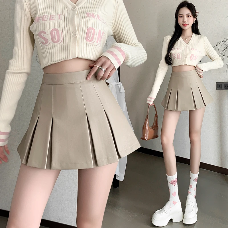 

Preppy Style JK High Waist Pleated Mini Skirts Womens Solid A Line Short Skirt Female Sexy Student Schoolgirl PU Leather Skort