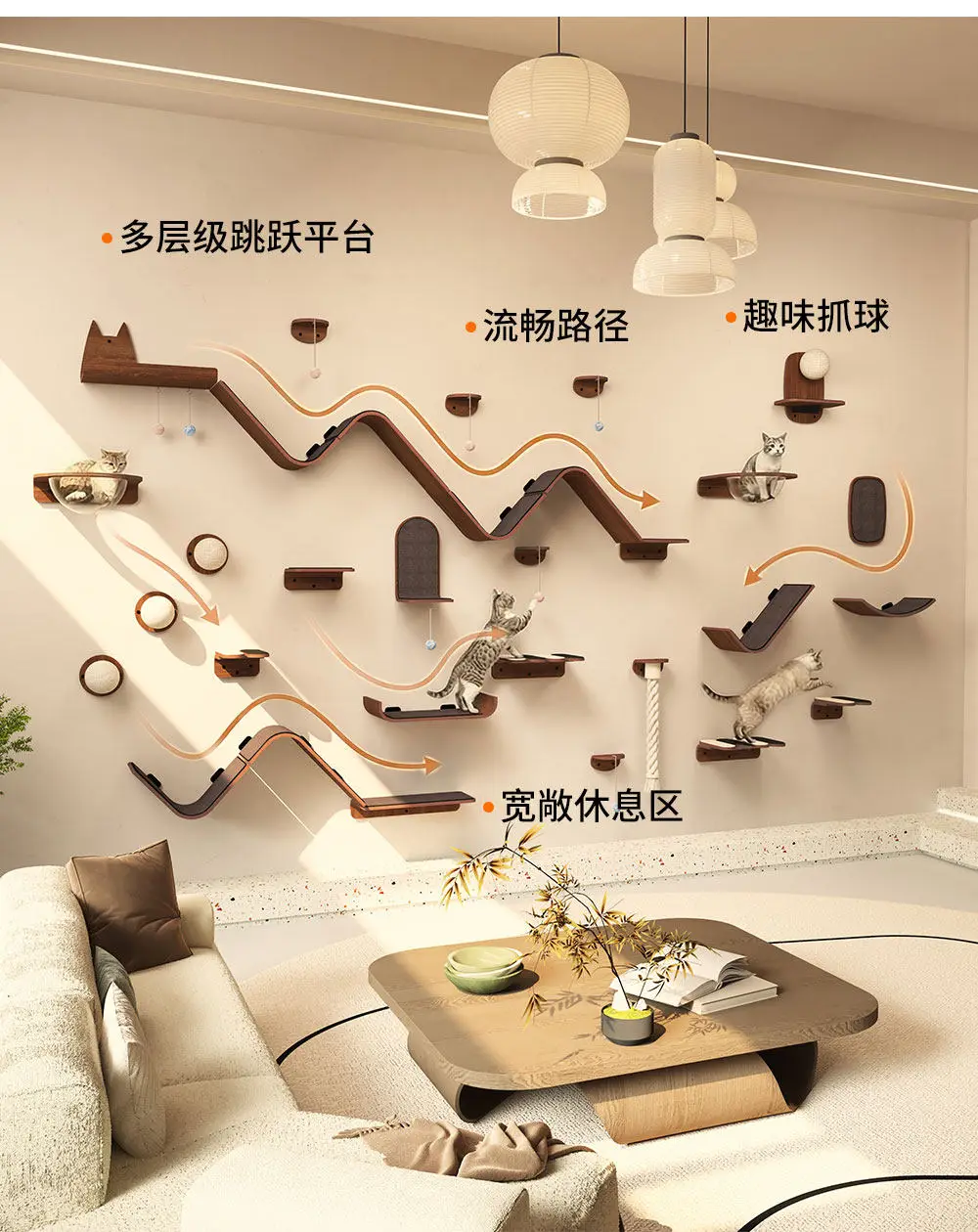 Meow Zan Floating Cat Island, Solid Wood Cat Climbing Frame on The Wall, Wall-mounted Modern Simplicity Does Not Occupy